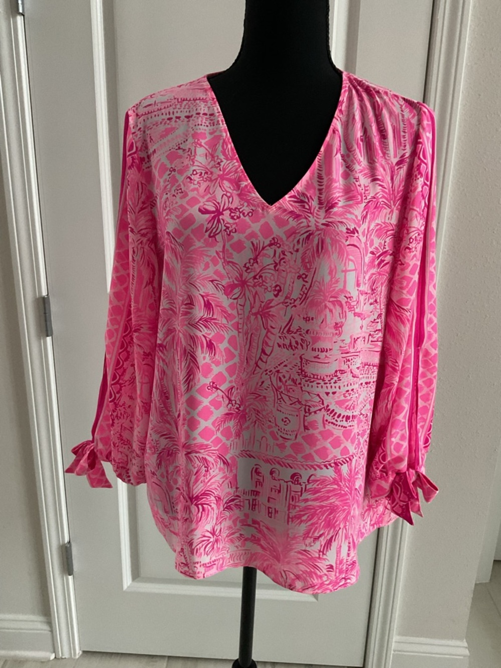 Women’s V-Neck Long-Sleeve Blouse in Hot Pink